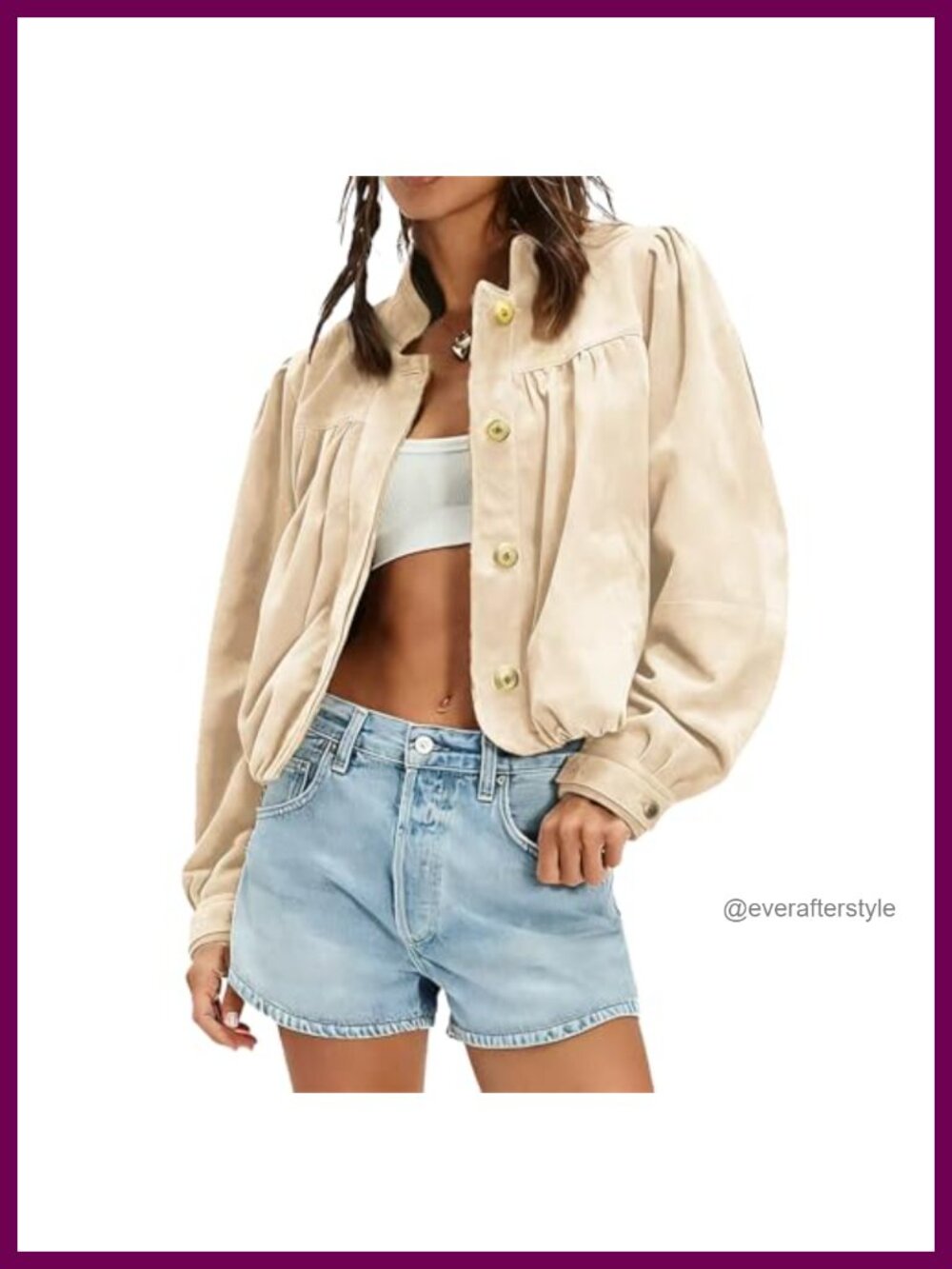 Faux Suede Oversized Cropped Jacket Puffed Sleeve Button Down Coat
